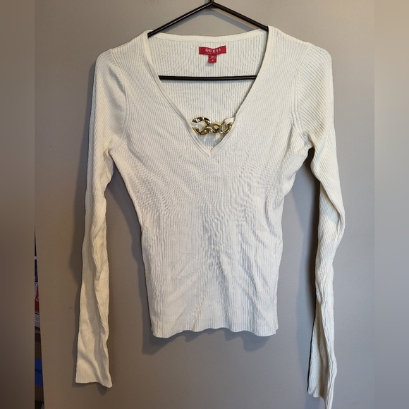 Guess Cream Ribbed V-Neck Top, Size Medium - Picture 2 of 5